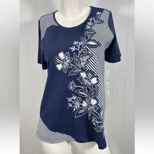 NWT Alfred Dunner Embroidered Floral Rhinestone Top Navy Blue Sz S Short Sleeve